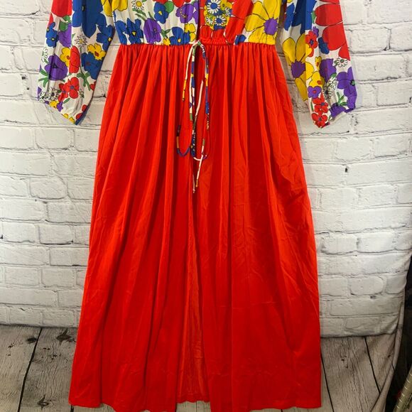 Vintage 70’s Psychedelic Bright Floral Print Sheer House Lounge Dress Groovy Mod - Picture 4 of 11